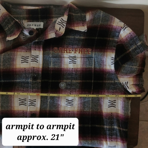 PacSun Womens Medium Burgundy Yellow "Care Free" Patch Plaid Flannel Button Up - Picture 10 of 11